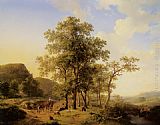 Figures Canvas Paintings - A Treelined River Landscape with Figures and Cattle an a Path